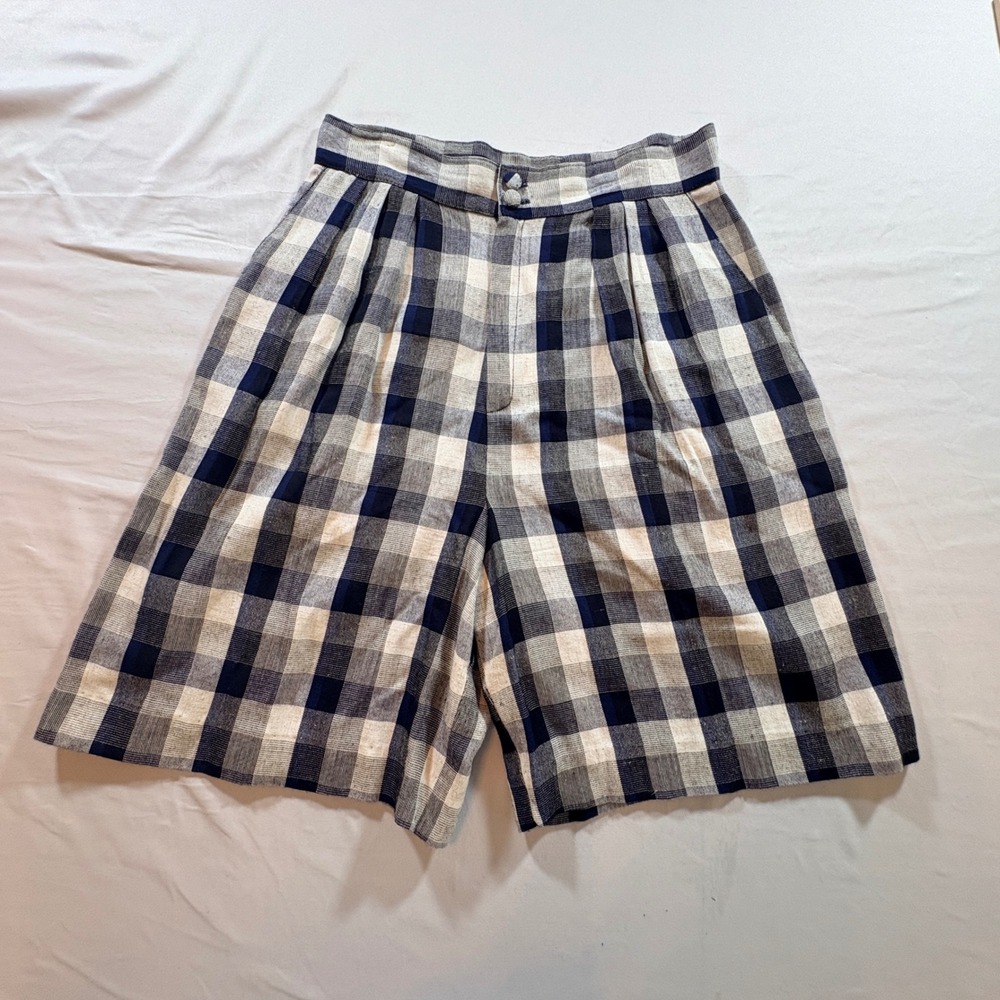 Daily Habit Plaid Shorts Womens 6 Navy White High Waisted Pleated Vintage 90s